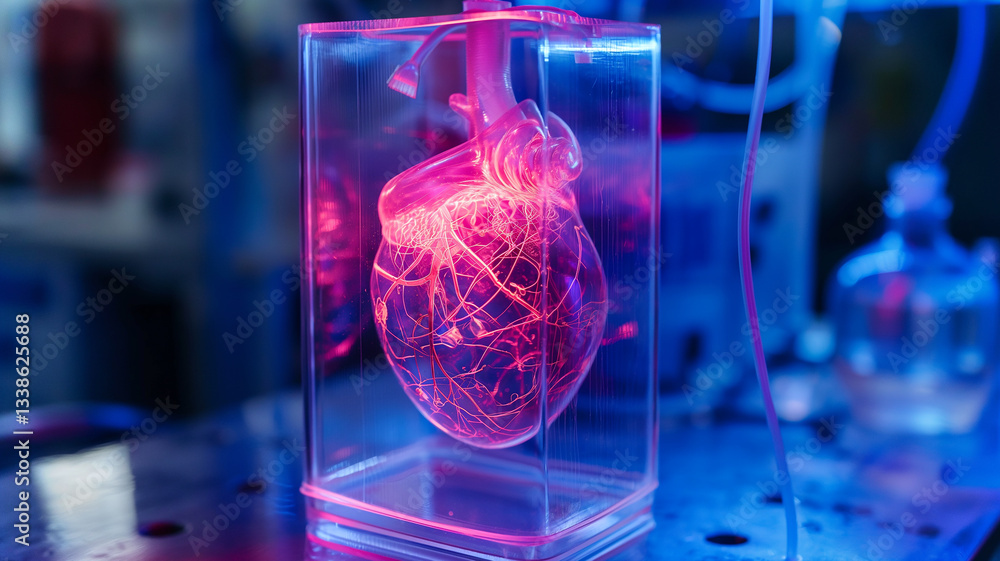Poster this translucent heart model showcases bioengineering designs for genetic longevity enhancements.