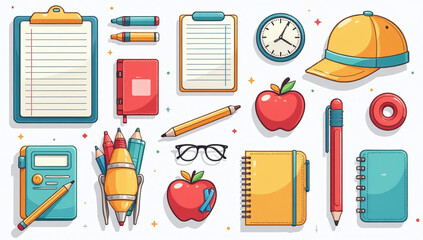 cartoon illustrations school supplies accessories cute designs modern styles various educational needs purposes