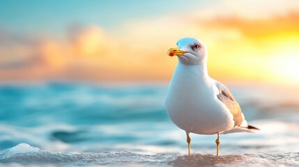 Obraz premium A solitary seagull stands on the beach, beautifully illuminated by the warm glow of the sunset, symbolizing calmness and solitude in this picturesque coastal scene.