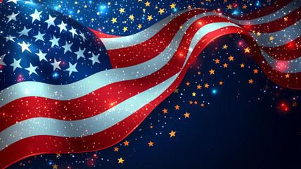 The American flag is flying on a blue background. Independence Day of the USA. A public holiday in the USA.