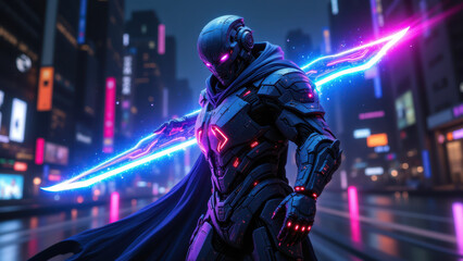 Naklejka premium A futuristic robot warrior with a cybernetic armor standing on a city street, wielding blue energy blades.