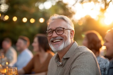 Smiling man enjoying a sunset gathering with friends in a relaxed outdoor setting