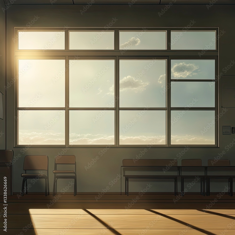 Poster sunlit classroom interior with large window showing a partly cloudy sky and empty chairs.