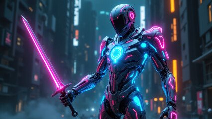 Naklejka premium Cybersecurity expert with futuristic armor and weapon standing on city street at night.