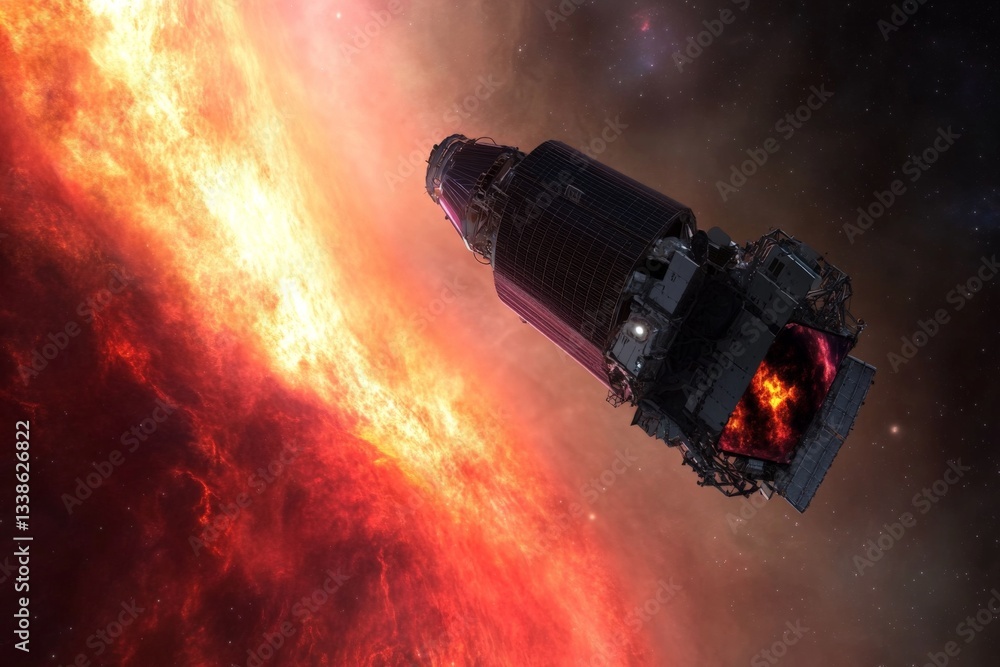 Poster Spacecraft navigating through cosmic clouds in deep space while exploring stellar phenomena