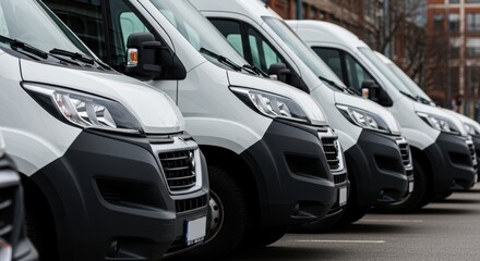 Fleet of modern white delivery vans parked in urban area ready for commercial transport
