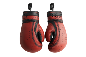 Boxing gloves hanging together on a display rack in a gym environment
