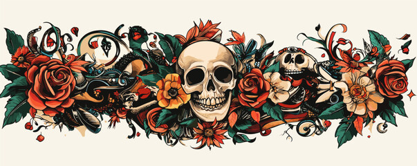 Vibrant skull and roses tattoo design: floral and skull motif with colorful details.
