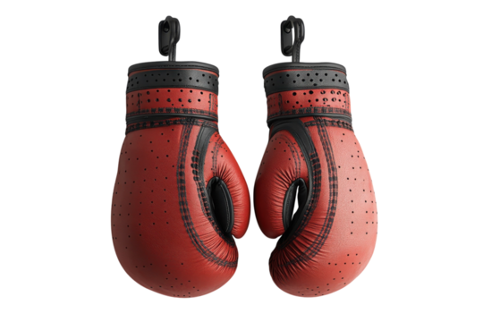 Boxing gloves hanging together on a display rack in a gym environment