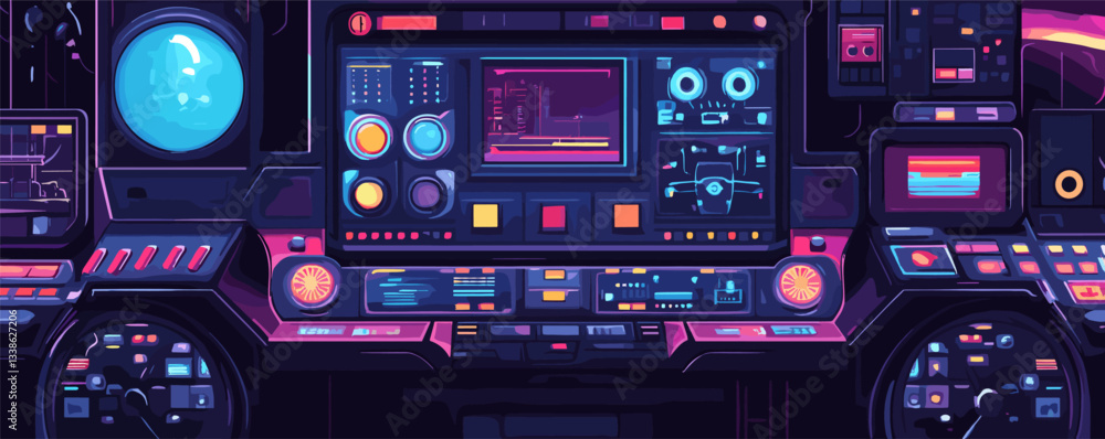 Poster futuristic control panel display with colorful interface in neon colors.