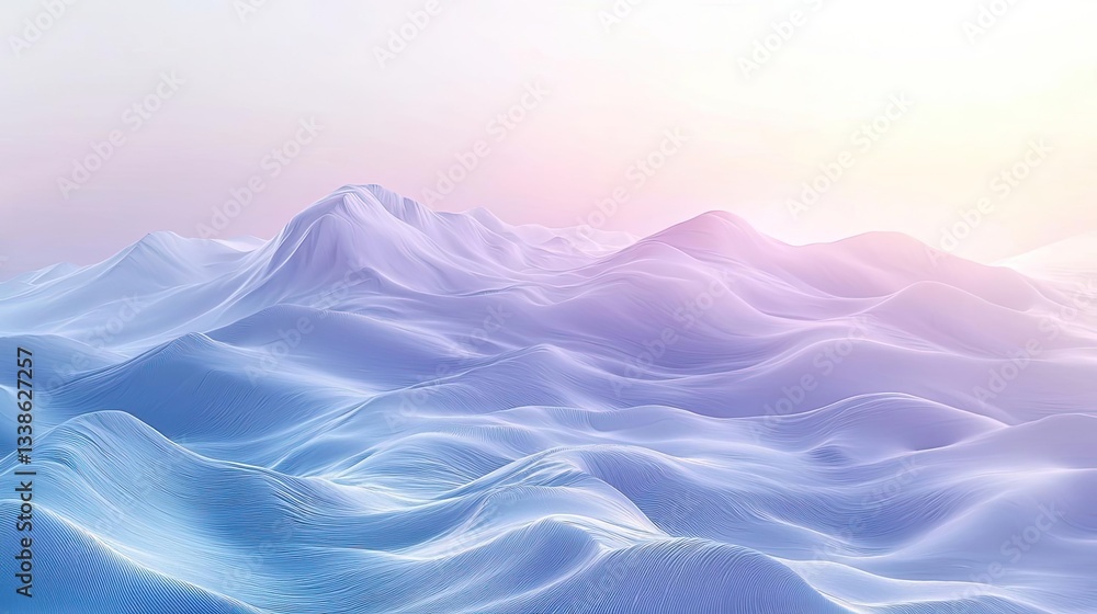 Poster Surrealist art abstract background concept. Dreamy waves of soft mountains under a pastel sky, creating a serene and peaceful atmosphere.