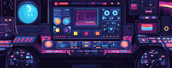 Obraz premium Futuristic control panel display with colorful interface in neon colors.