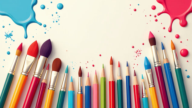colorful art tools include variety paints brushes drawing utensils creative artistic