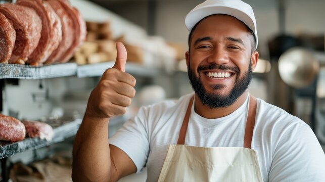 A cheerful butcher showing a thumbs up in a well-stocked shop, radiating positive energy and customer satisfaction, promoting quality products and friendly service.