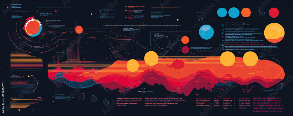 Poster abstract data visualization with colorful infographics and geometric shapes.