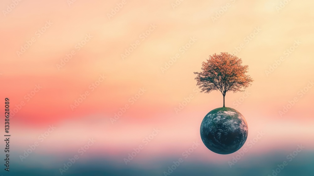 Poster surrealist art abstract background concept. a solitary tree atop a small globe against a dreamy suns