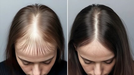 Before and after hair restoration treatment: female pattern hair loss transformation. Menopausal thinning.