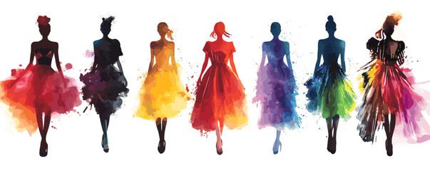Colorful silhouettes of stylish women in vibrant artistic dresses.
