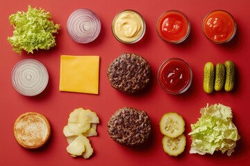 Artistic flat lay of a deconstructed burger with fresh ingredients vibrant red background food photography culinary art top view burger concept