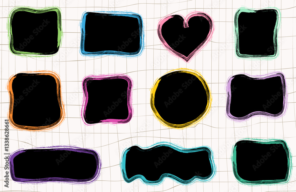 Fototapete black vector doodle frames with colorful outlines, borders, fun organic wavy blob irregular shapes c