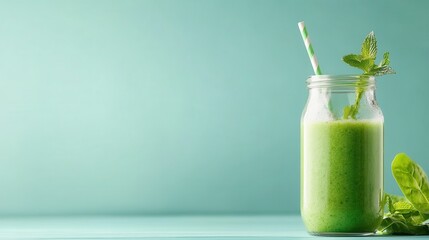 A refreshing green smoothie in a jar with a mint garnish and striped straw evokes feelings of vitality, freshness, and health-focused choices in daily life.