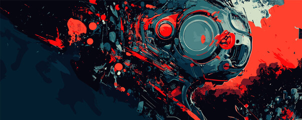 Futuristic robotic eye in dynamic red and black abstract art with energy splashes.
