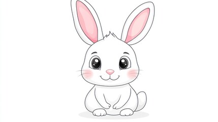 Cute cartoon white rabbit, sitting, simple background, children's illustration, stock photo