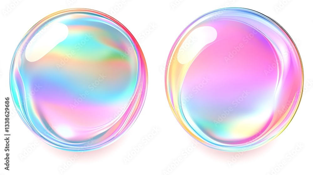 Poster two realistic soap bubbles with iridescent surface floating on white background