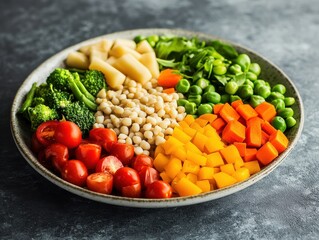 Fresh Vibrant Vegetables and Legumes Arranged on Rustic Plate