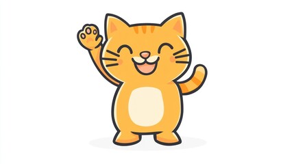 Obraz premium Cartoon cat waving, happy, adorable, digital art, for children's books, greeting cards