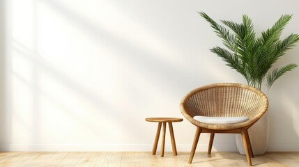 A serene and minimalist seating area featuring a modern round chair and lush greenery, creating an inviting space that promotes relaxation and tranquility in a contemporary home setting.