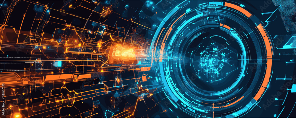 Poster futuristic digital interface with blue and orange circuitry patterns.