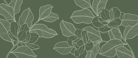 Botanical line art background vector. Natural botanical elegant with line art on green background. Design illustration for decoration, wall decor, wallpaper, cover, banner, card.