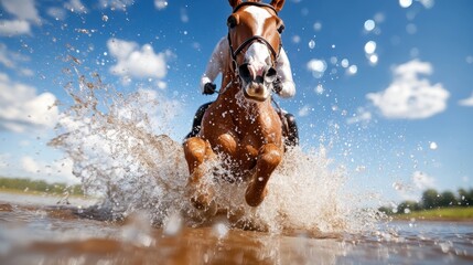 A dramatic close-up shot of a galloping horse splashing water, capturing the essence of speed and vitality, exhibiting raw power in a splashing moment.
