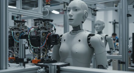 Advanced robots in industrial setting with futuristic automation and ai technology