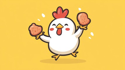 Cute cartoon chicken holding fried chicken pieces, happy jump, yellow background, food, stock photo