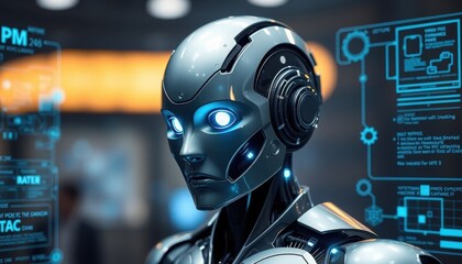 Futuristic AI Robot Sleek Design, Glowing Eyes, Holographic Data