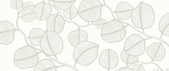 Botanical line art background vector. Natural botanical elegant with green line art on beige background. Design illustration for decoration, wall decor, wallpaper, cover, banner, card.