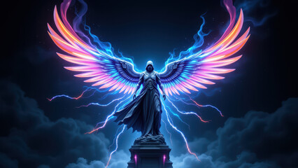 Cybersecurity angel with Kubernetes wings protecting a data center.
