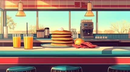 A classic American diner breakfast with pancakes, eggs, bacon, and orange juice --ar 16:9 --v 6.1 Job ID: f7f2a7d4-db33-42d2-a4ec-9bca4229c211