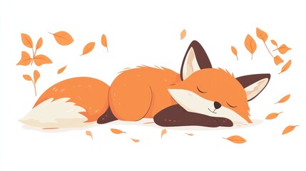 Obraz premium Cute fox sleeping amidst autumn leaves. Stock photo
