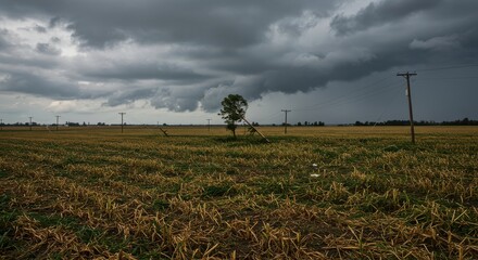 Obraz premium Approaching Storm Over Rural Field with Power Lines and Lone Tree