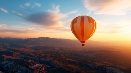 Witness the magic of a colorful hot air balloon soaring into a breathtaking sunset sky, creating a serene atmosphere that captivates the soul and ignites wanderlust.