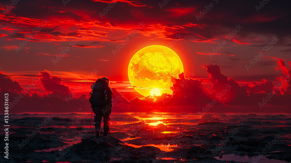 Poster man in a space suit stands on a beach in front of a large red sun