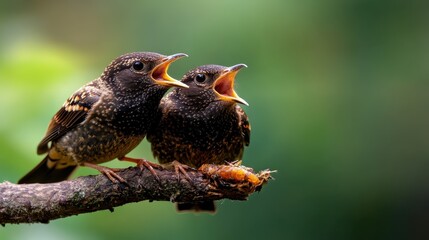 Fototapeta premium Two baby birds perched on a branch, chirping energetically, capturing the innocence and vulnerability of youth while showcasing the beauty of nature and wildlife interaction.