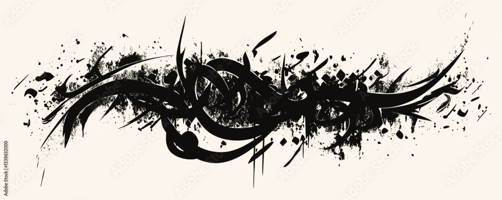 Poster abstract black ink calligraphy with dynamic splashes and curves on white background.
