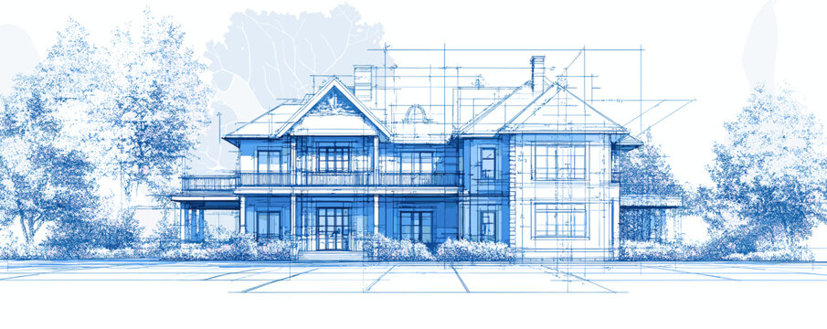 Architectural blueprint of modern victorian house with detailed exterior design.