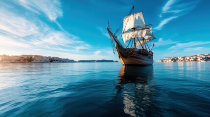 A delightful scene of a vintage ship anchored near a picturesque coastal village, with the warm glow of sunset reflecting on the water, creating a serene and idyllic atmosphere.