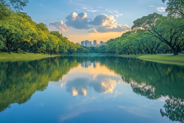 Serene sunset view over calm lake surrounded by lush greenery and city skyline in the distance
