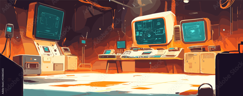 Poster futuristic control room with large monitors and advanced technology in a sci-fi setting.